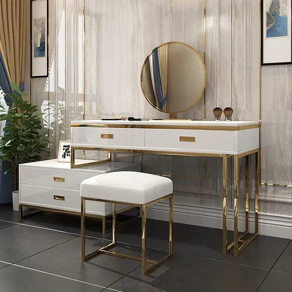 Jose White Makeup Vanity Expandable Dressing Table with Cabinet Mirror & Stool Included Vanity Desk with Mirror and Stool, Makeup Vanity Desk Dressing Table with 4 Drawers, Storage, Side Chest, Girls Vanity Table Set with Cushioned Stool for Bedroom - Ouch Cart 