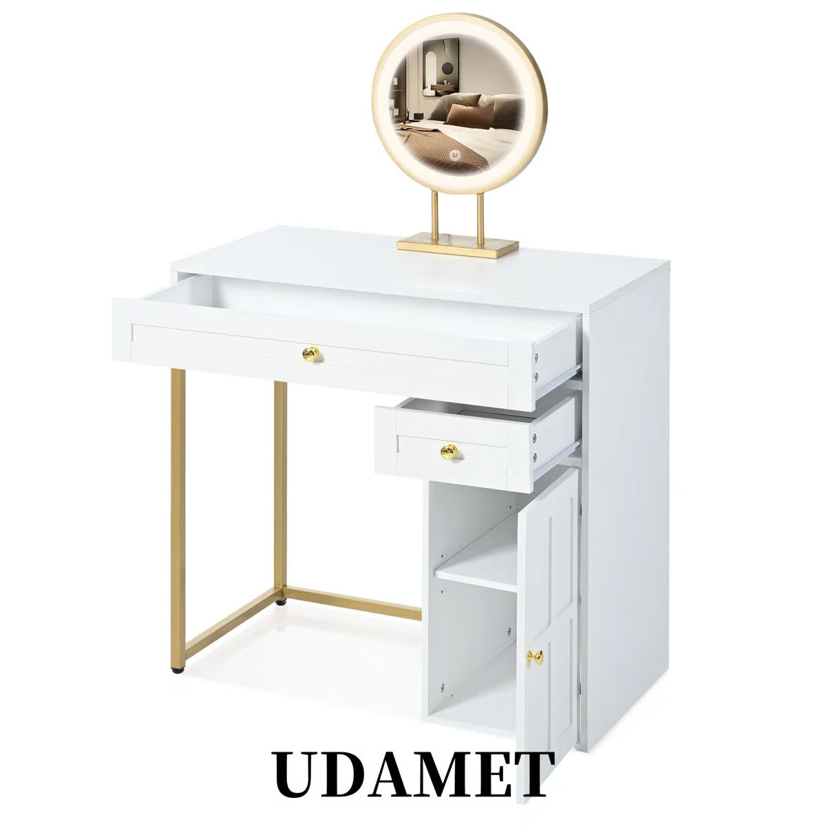 31.5"Makeup Vanity Desk,White & Gold,LED Round Mirror,2 Drawers,Adjustable Shelf,Gold Iron Legs