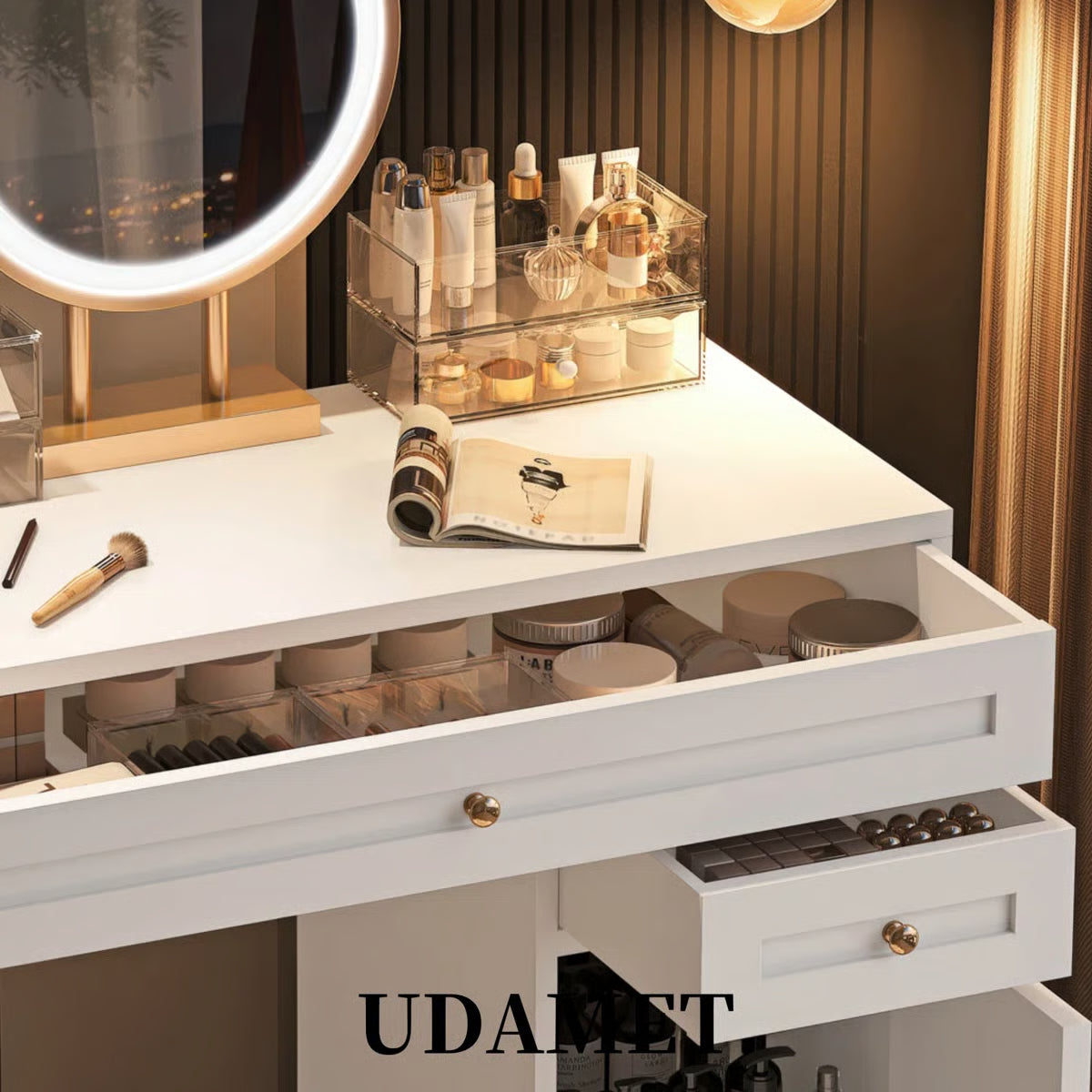 31.5"Makeup Vanity Desk,White & Gold,LED Round Mirror,2 Drawers,Adjustable Shelf,Gold Iron Legs