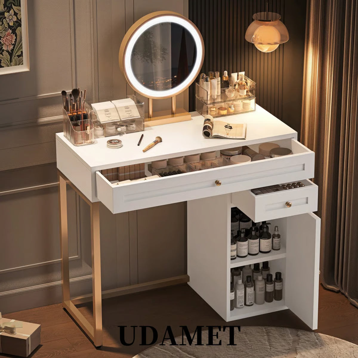 31.5"Makeup Vanity Desk,White & Gold,LED Round Mirror,2 Drawers,Adjustable Shelf,Gold Iron Legs
