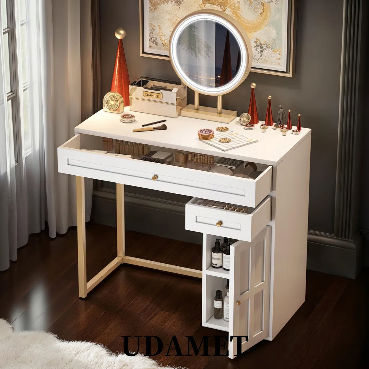 31.5"Makeup Vanity Desk,White & Gold,LED Round Mirror,2 Drawers,Adjustable Shelf,Gold Iron Legs