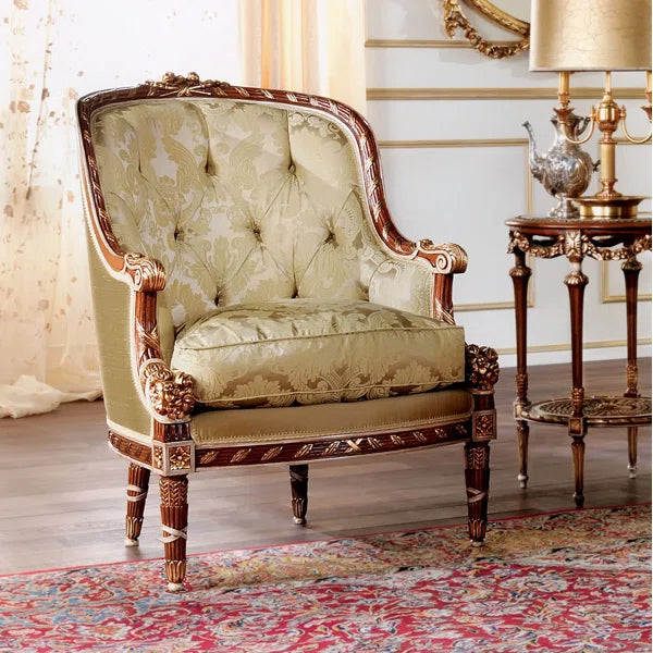 Designer European Handcrafted Armchair with Cream Fabric and Gold Leaf Cherry Wood Frame