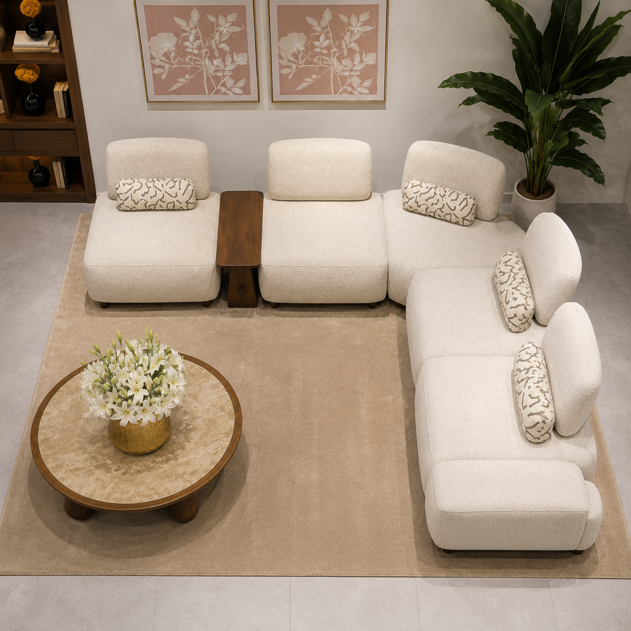 Modern Modular Bouclé Sofa Set with Wooden Side Table | Luxury Cream Fabric Living Room Sofa