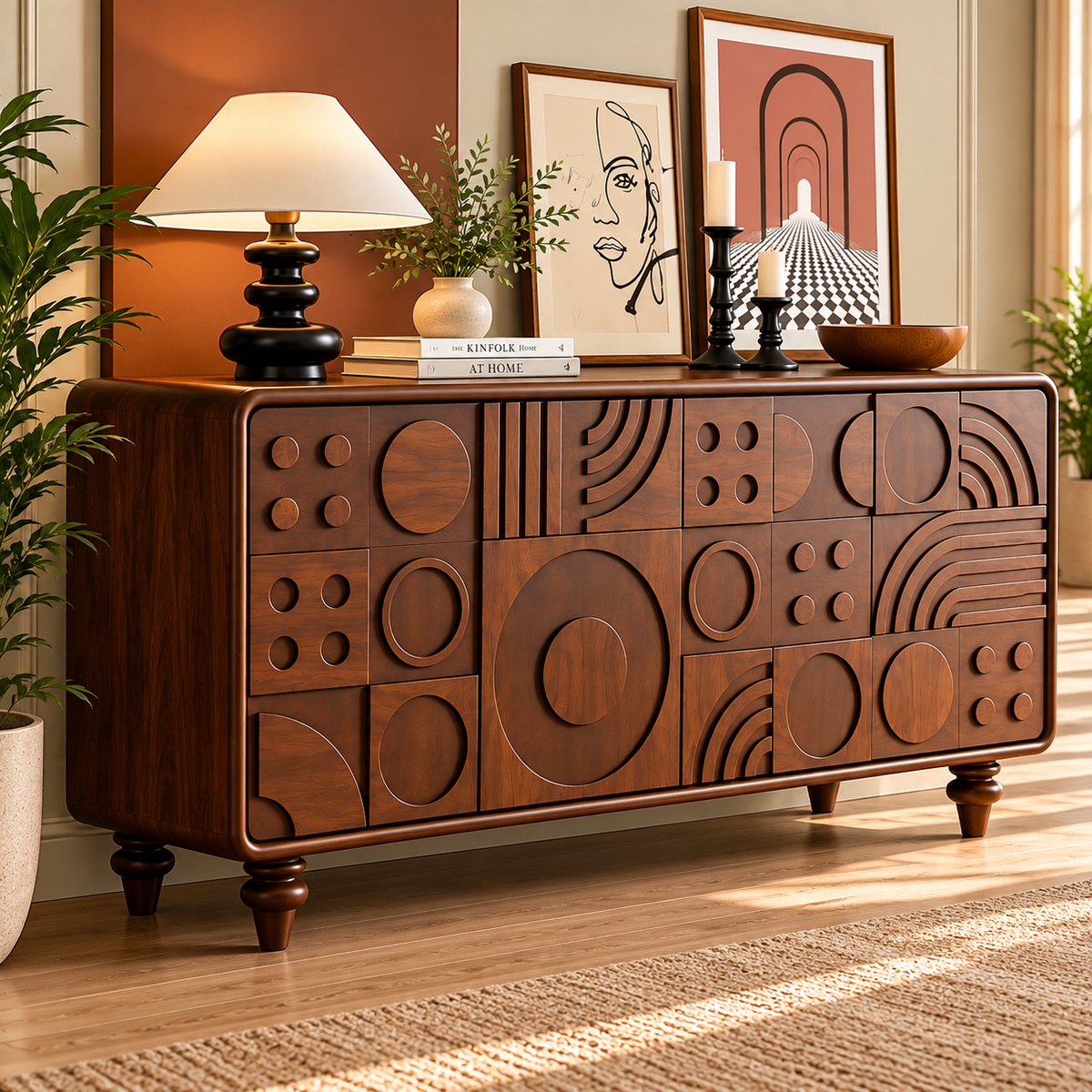 Solid Wood Sideboard Cabinet with Geometric Carved Design