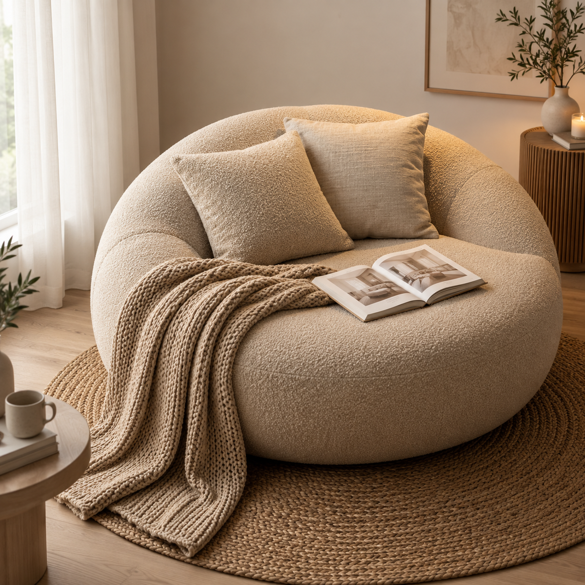 Modern Round Boucle Sofa Chair for Living Room, Oversized Curved Accent Chair with Plush Cushions, Cream Upholstered Lounge Chair for Bedroom, Reading Room & Relaxation