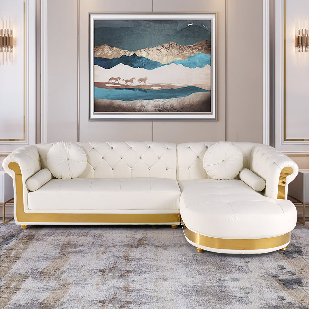 Luxury White L-Shaped Chesterfield Leather Sofa Set with Gold Accents
