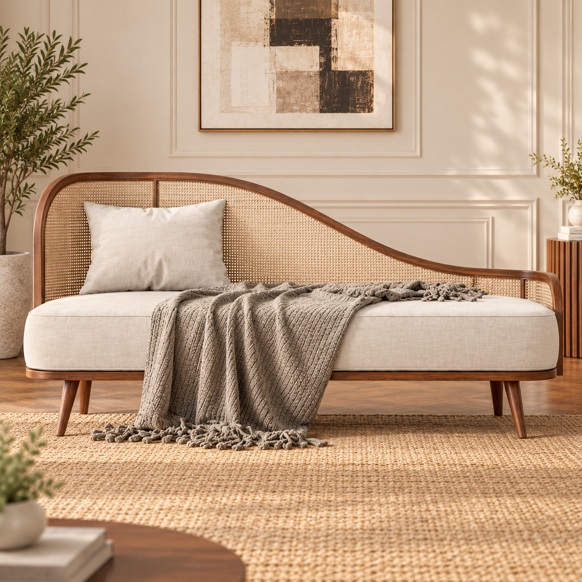 Cane Daybed Sofa with Solid Wood Frame  Mid-Century Modern 3 Seater Sofa with Cream Upholstery & Rattan Backrest