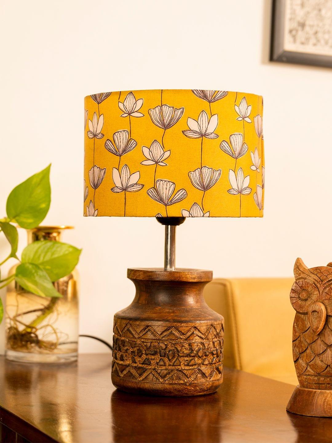 Wooden Carved Lamp with Mustard Flora Multicolor Shade - Ouch Cart 