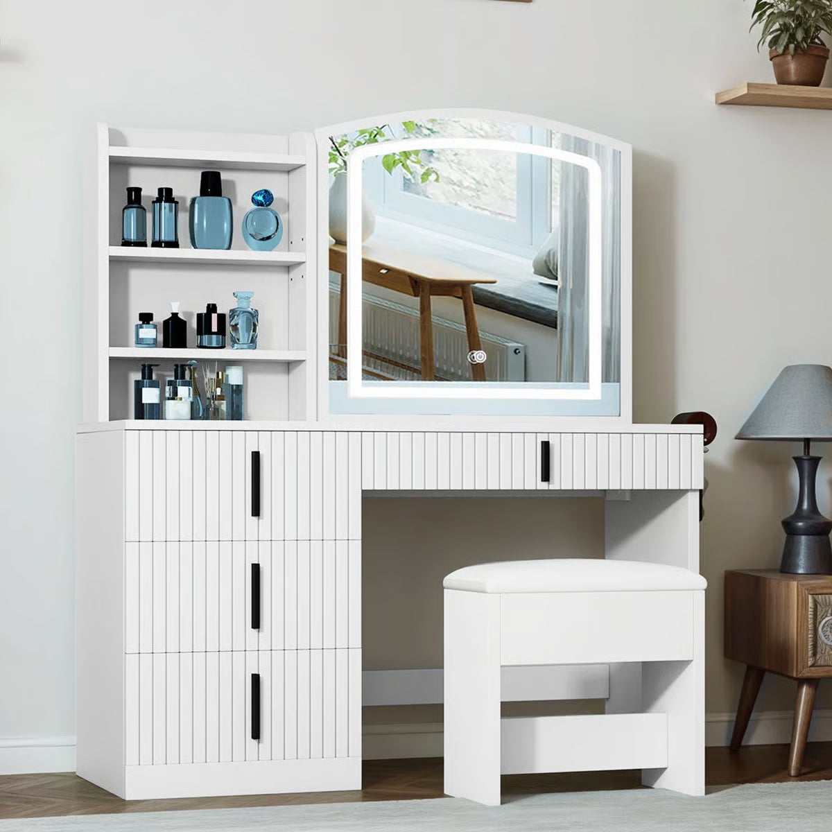 39.5" Fluted Makeup Vanity Desk With Mirror & Storage Cushion Stool Set