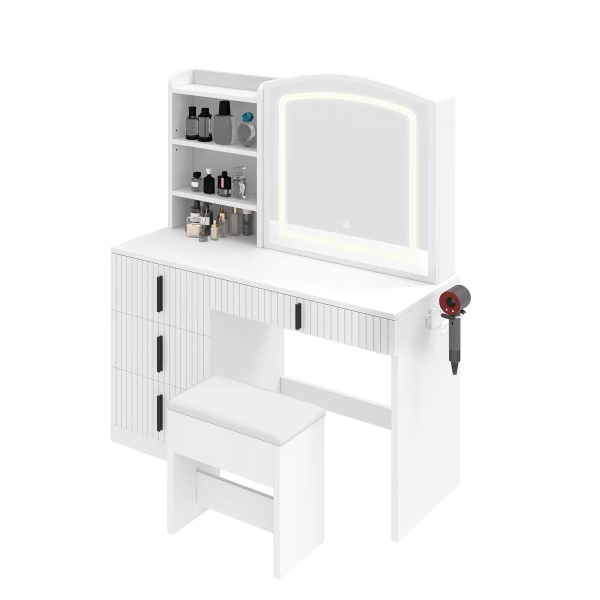 39.5" Fluted Makeup Vanity Desk With Mirror & Storage Cushion Stool Set