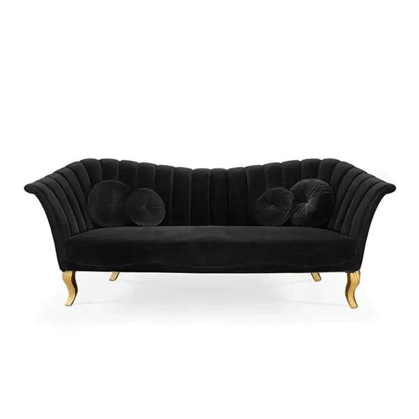 Rowena Black Velvet Upholstered Sofa Channel Tufted 3-Seater Sofa in Gold - Ouch Cart 