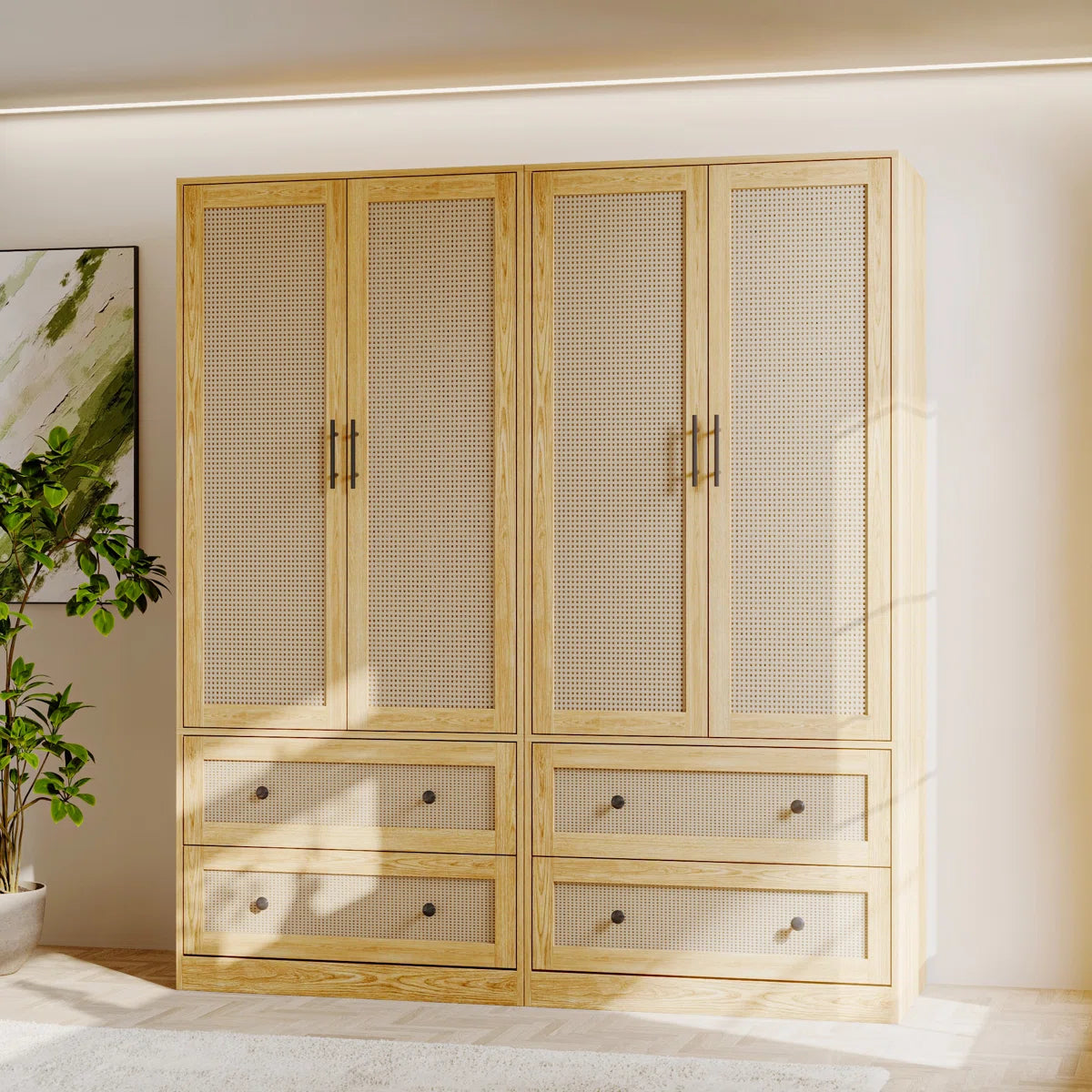 62.8" Wide 4-Rattan Door Wardrobe Closet Set With 4 Drawers & Anti-Tip Design