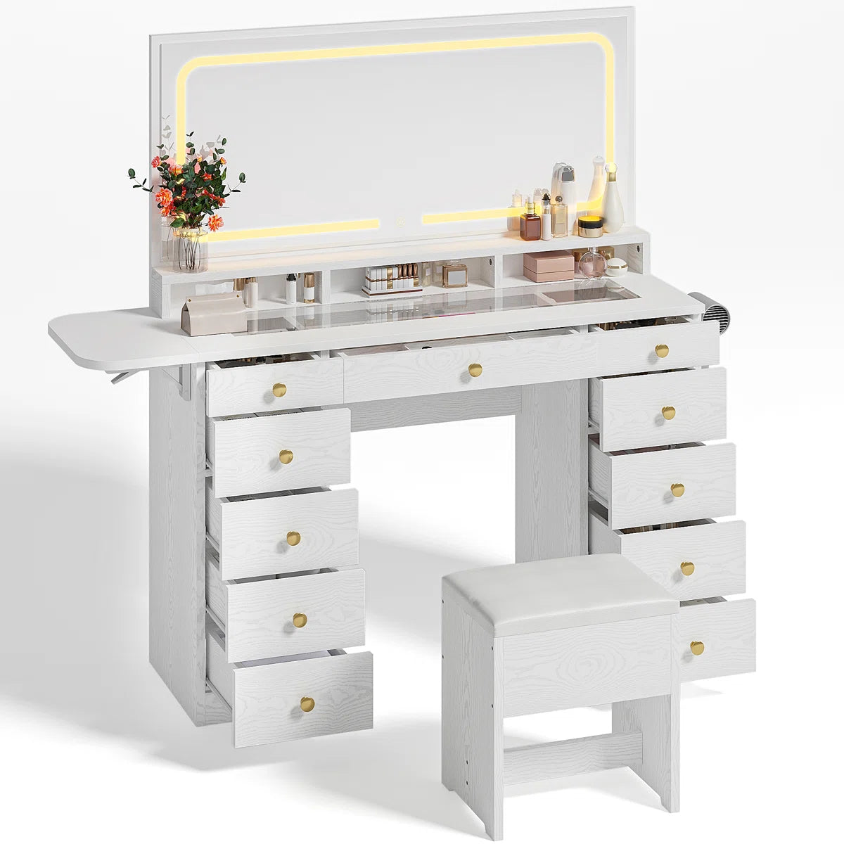 46’’ Makeup Vanity Set with LED Lights, Mirror, Power Outlet, 11 Drawers, and Matching Stool - OUCH CART| Dressing table 