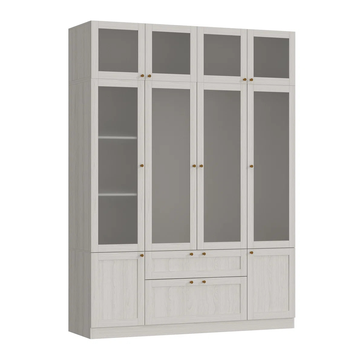 Elegant 4-Door Wardrobe With Frosted Glass Panels, Brass Handles, And Ample Storage Space – Adjustable Shelves And Large Drawers For Modern Organization