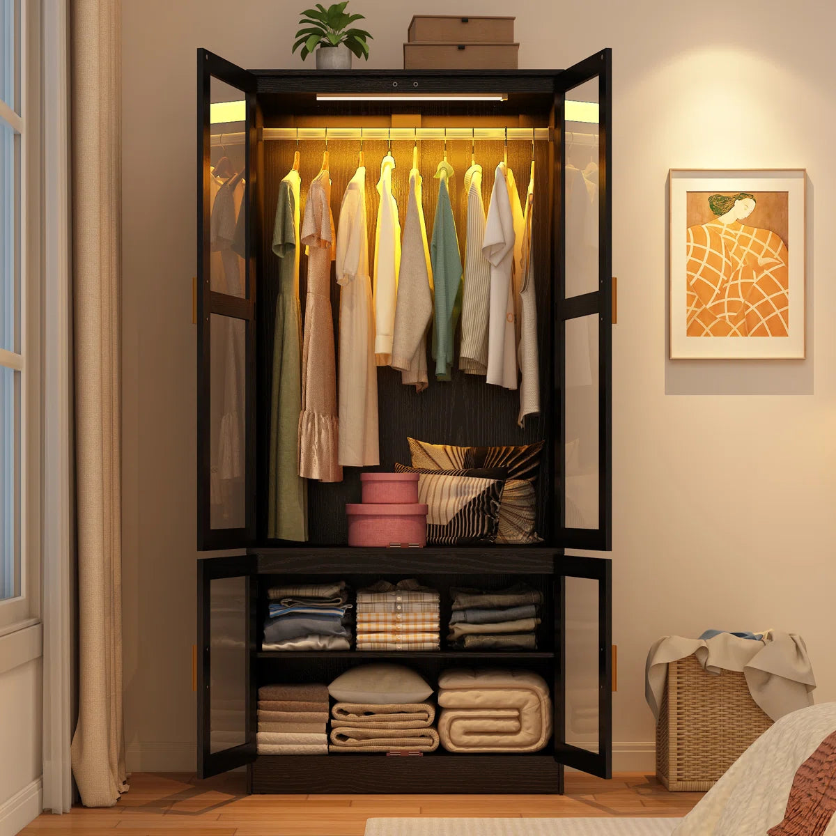 4-Door 71" H Armoire With LED Sensor Light And Hanging Rod