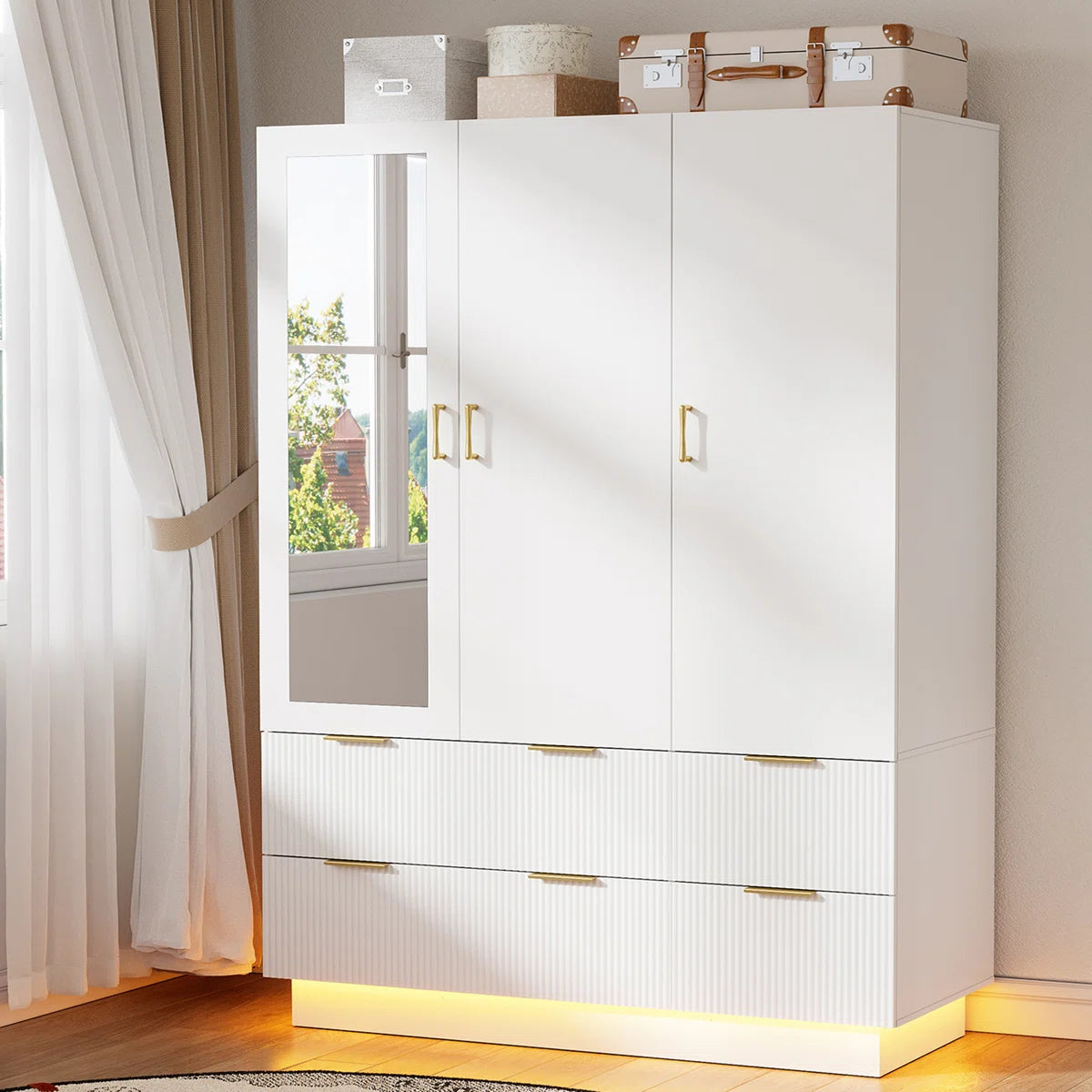 Armoire Wardrobe Closet With 3 Door, Mirror And Led Lights