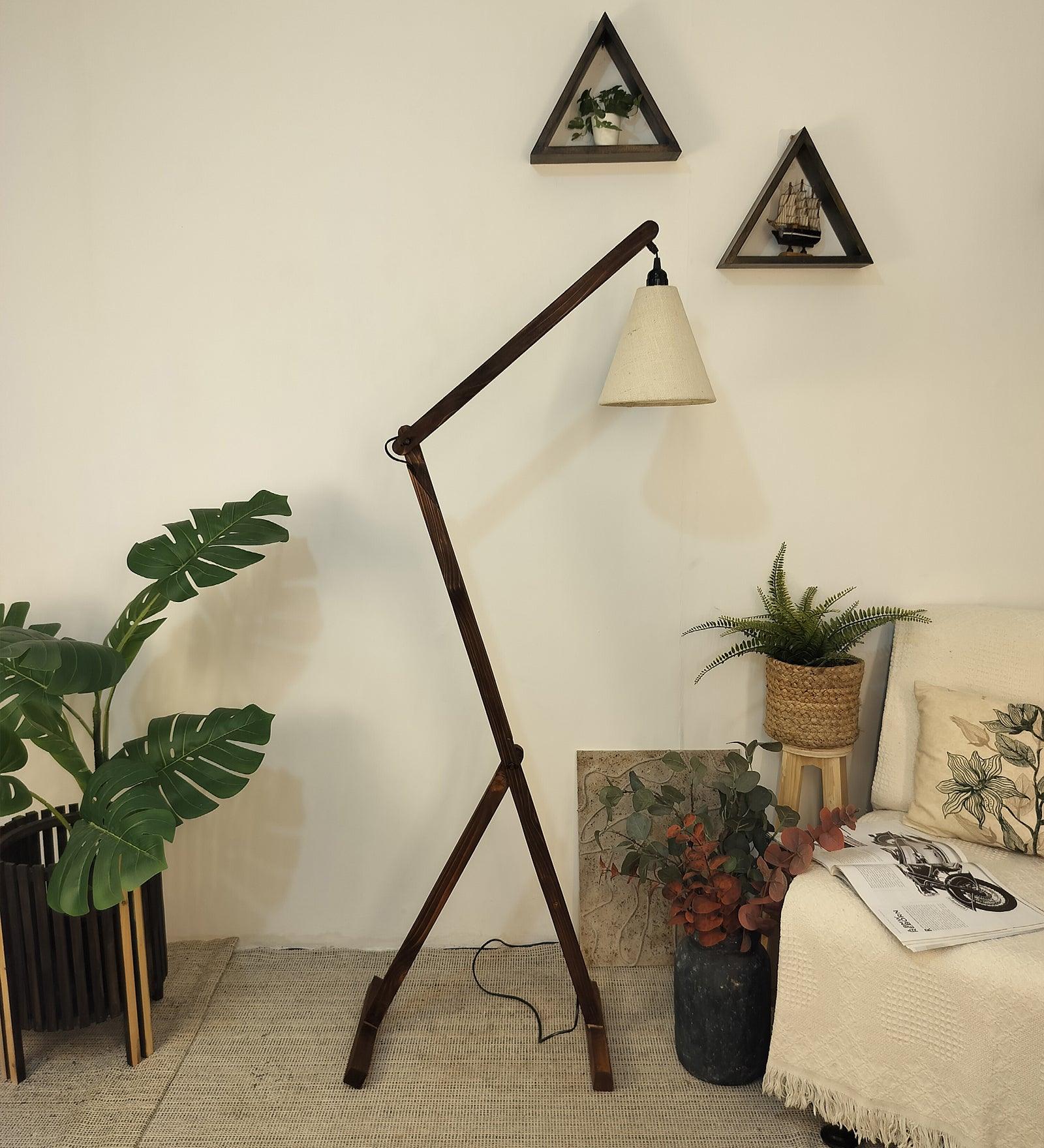 Benji Wooden Floor Lamp with Brown Base and Beige Fabric Lampshade (BULB NOT INCLUDED) - Ouch Cart 