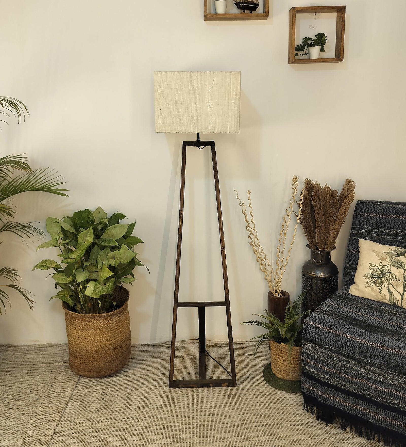 Angular Wooden Floor Lamp with Brown Base and Premium Beige Fabric Lampshade (BULB NOT INCLUDED) - Ouch Cart 