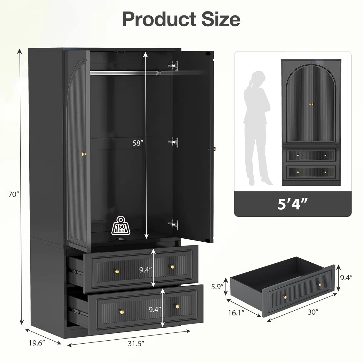 Winston Porter 70" Tall Wardrobe Armoire, Wooden Wardrobe Closet With Drawers, Coat Closet For Bedroom, Apartment, Dorm, White & Black