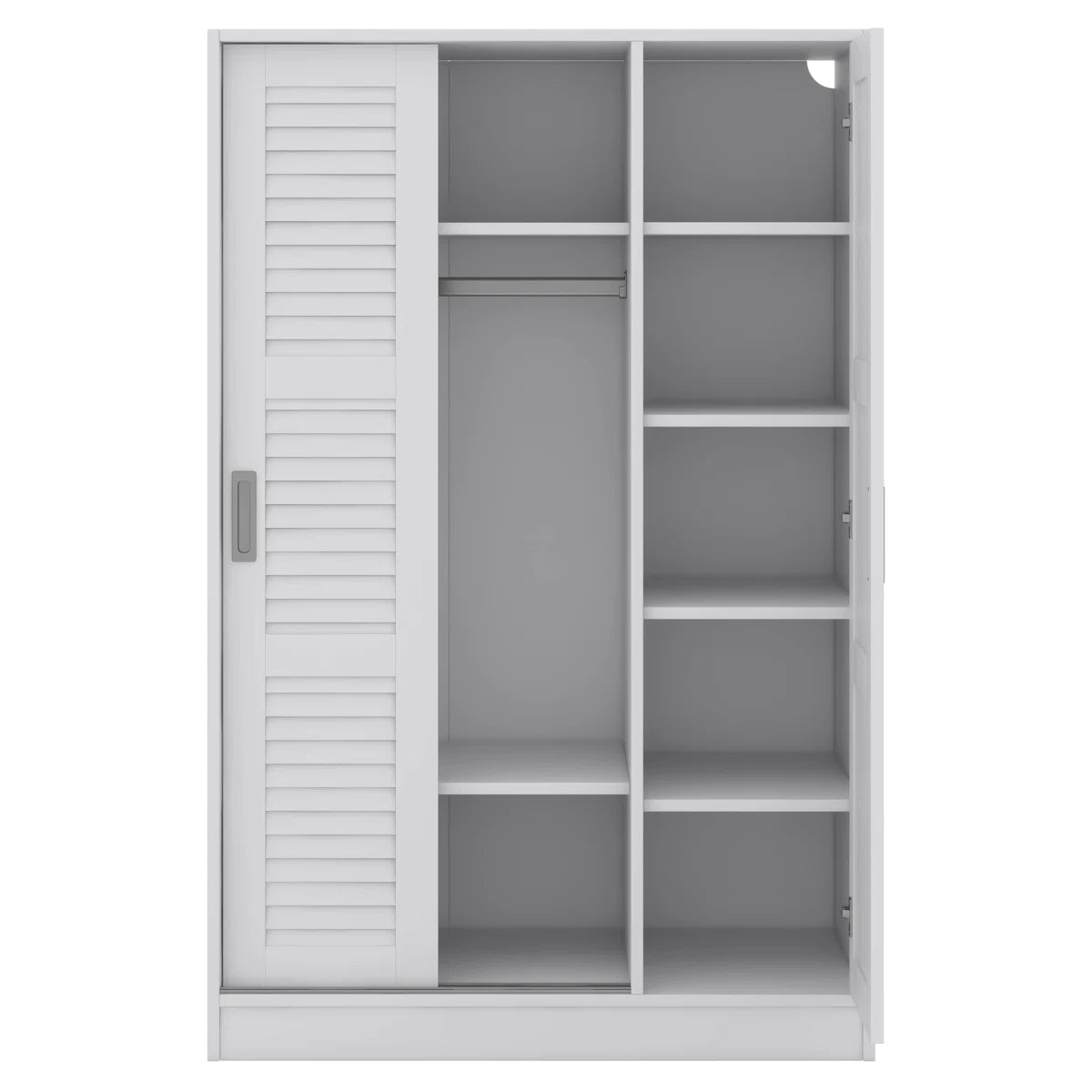 Solid Wood Wardrobe With 3 Louvered Sliding Doors, Shelves Included, Clothing Storage Cabine