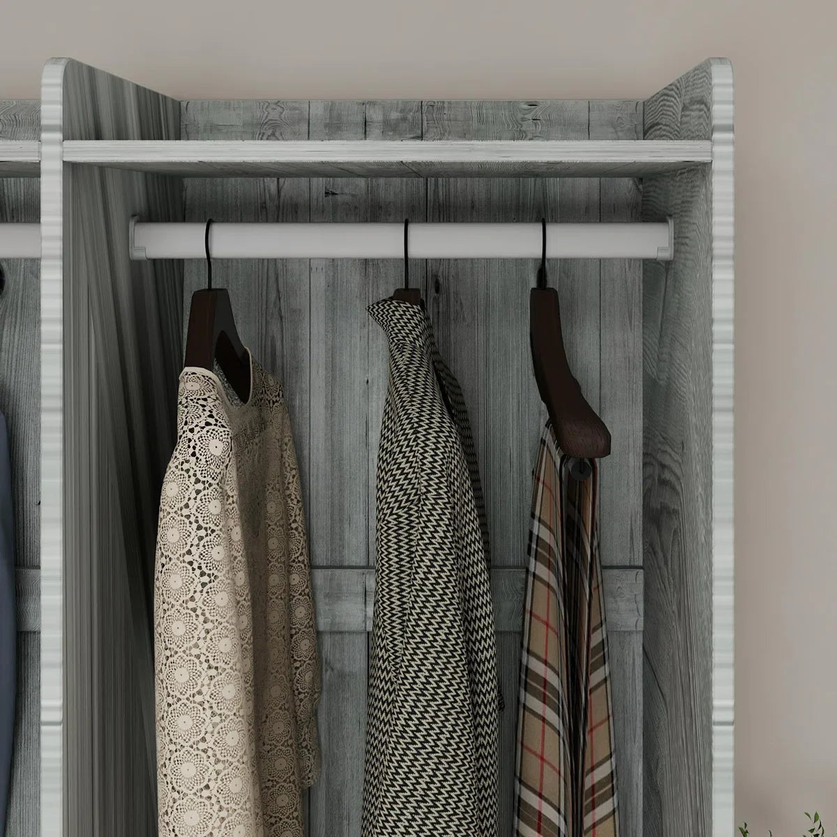 Open Wooden Wardrobe In Bedroom
