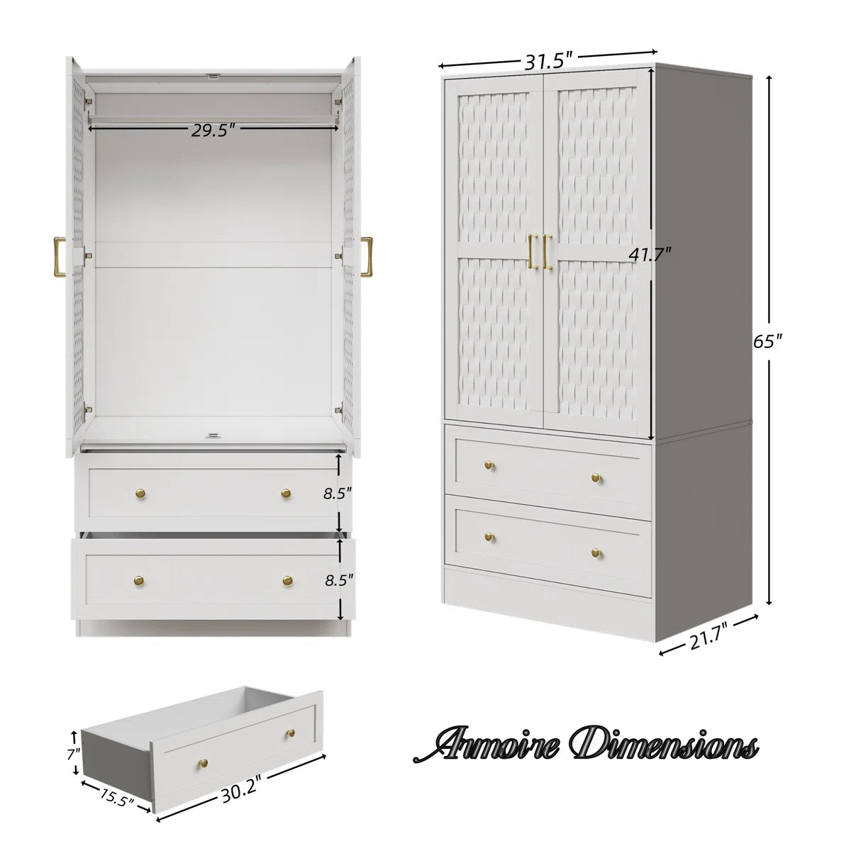 Ayara Armoire Wardrobe Closet with 2 Woven Doors, 2 Wide Drawers & Hanging Rod