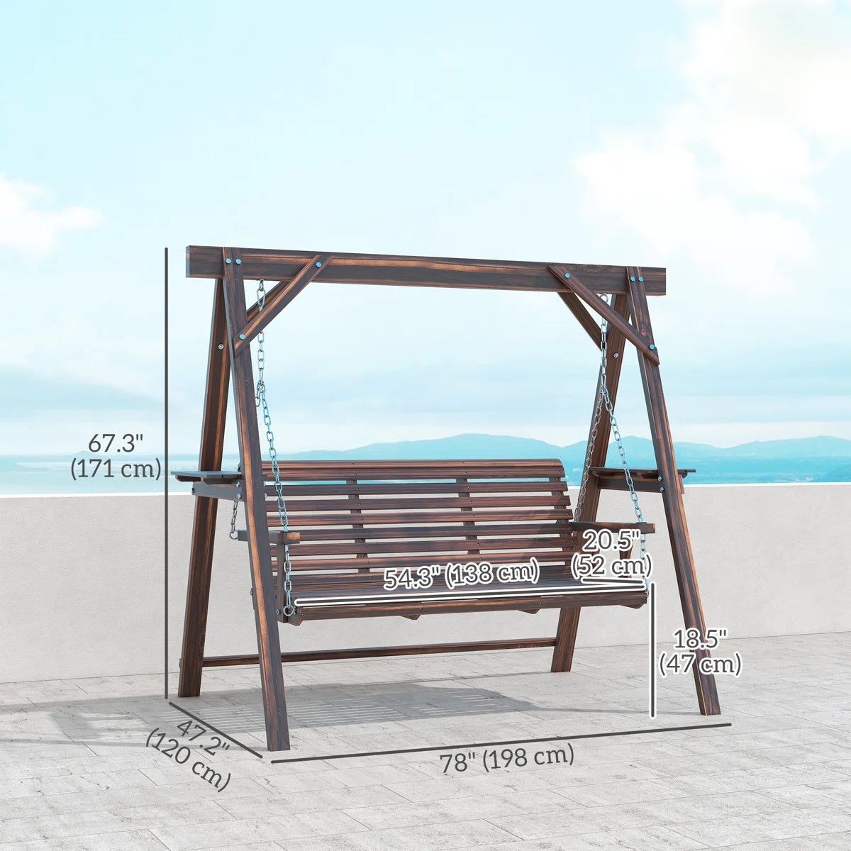 Ouch Cart 3-Seater Wooden Porch Swing with Side Tables – Outdoor Patio Garden Swing with A-Frame Stand