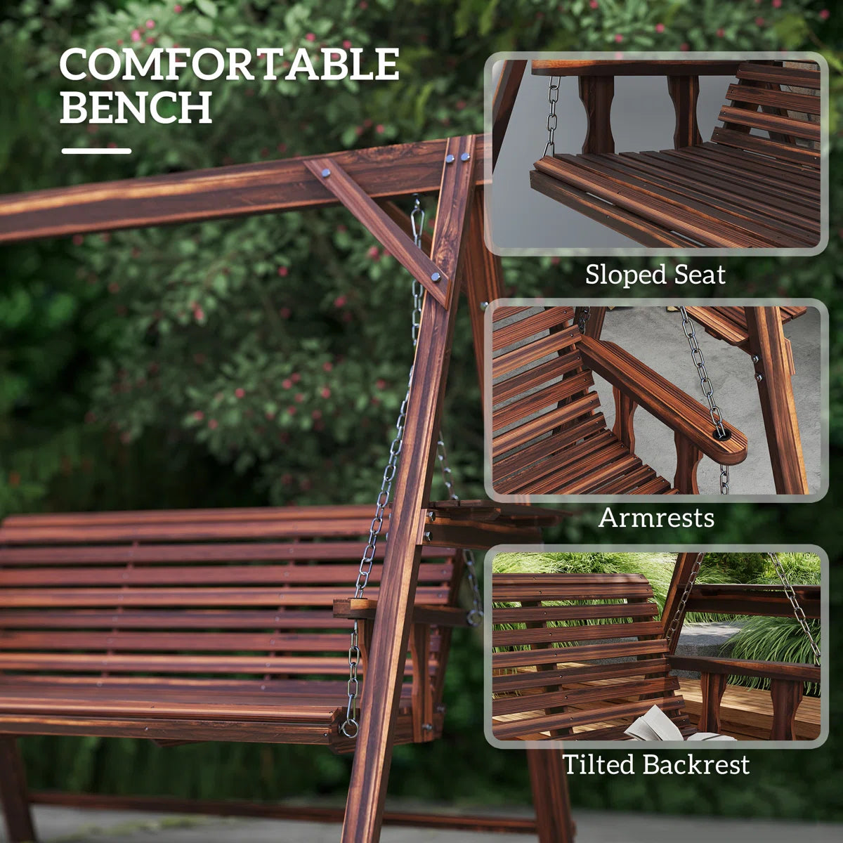 Ouch Cart 3-Seater Wooden Porch Swing with Side Tables – Outdoor Patio Garden Swing with A-Frame Stand