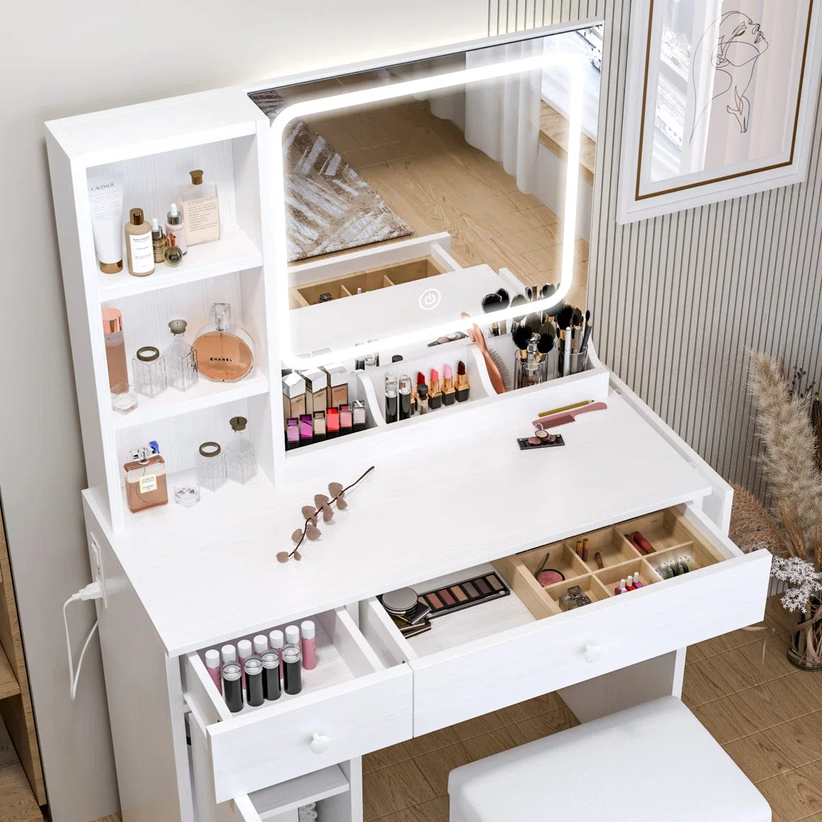 Vanity Desk with LED Lighted Mirror, Power Outlet, 2 Drawers, 3 Cubbies & Bookcase Storage for Bedroom- OUCH CART | Dressing table