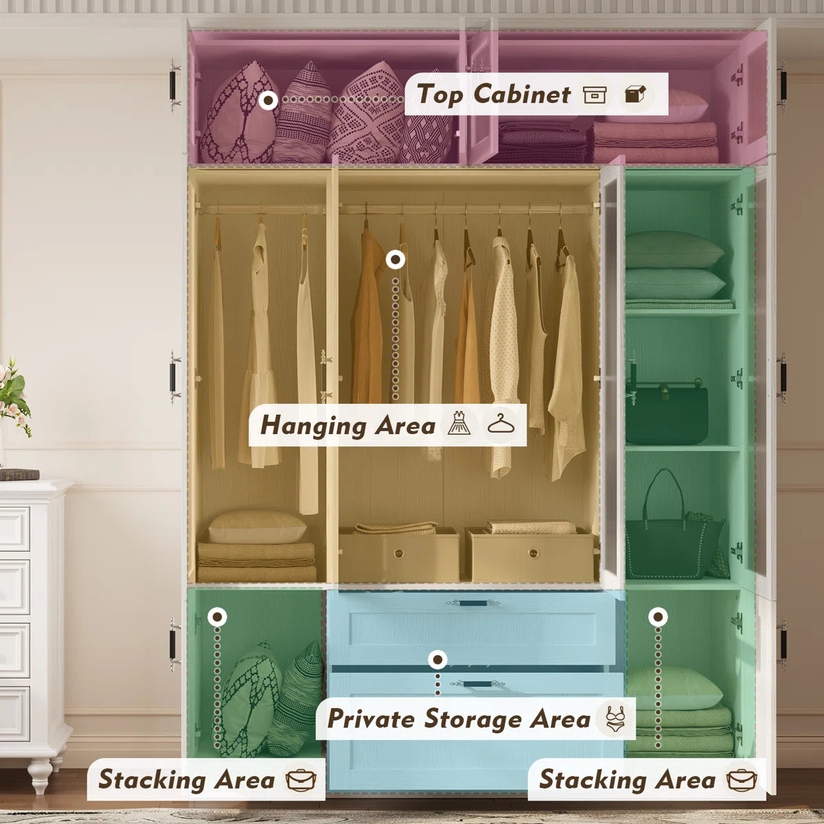 Meissalivve 6 Door Armoire Wardrobe Closet With Frosted Glass Door, 85.9''H Bedroom Clothing Storage Cabinet With 2 Drawers, Adjustable Shelves, Clothes Wardrobe Armoire With Top Cabinets, Wood Grain