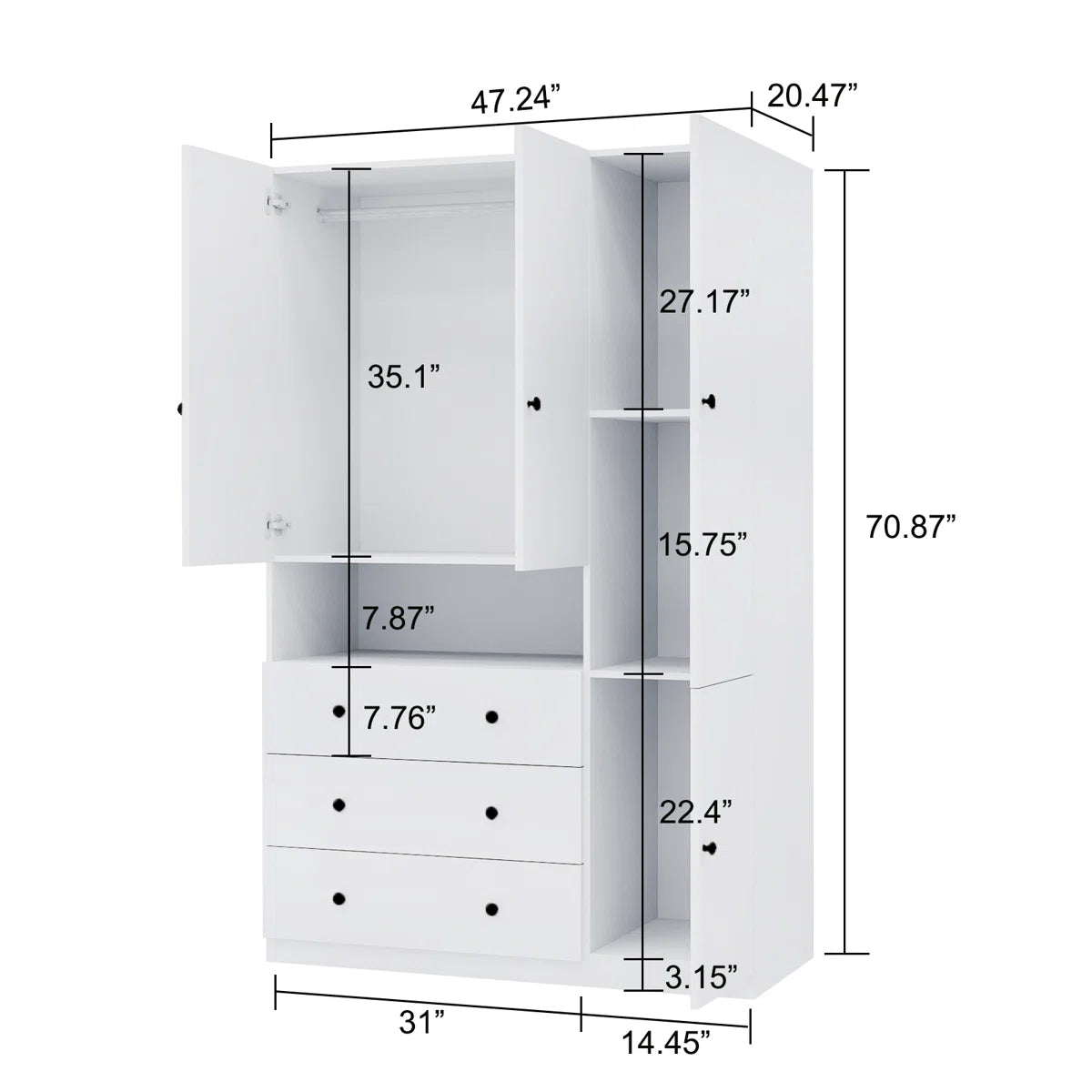 3-Door Wooden Wardrobe Armoires with Drawers, White