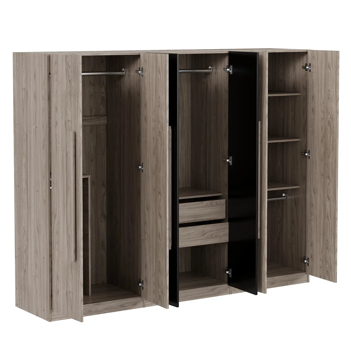 Wooden 6-Door Wardrobe Closet with 4 Drawers, Bedroom Storage Cabinet Armoire with Hanging Rods and Shelves, Clothes Organizer for Home,Black+Nature