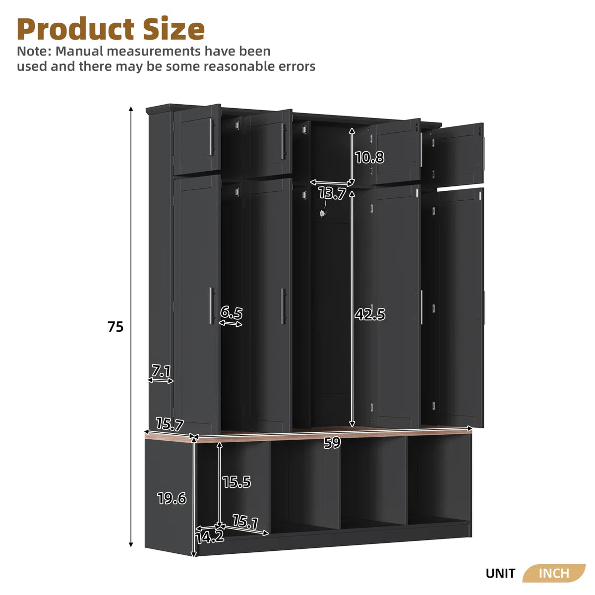 Farmhouse Hall Tree Wardrobe Closet & Cabinet - Functional Clothes Storage With 4 Hidden Hanging Hooks,White