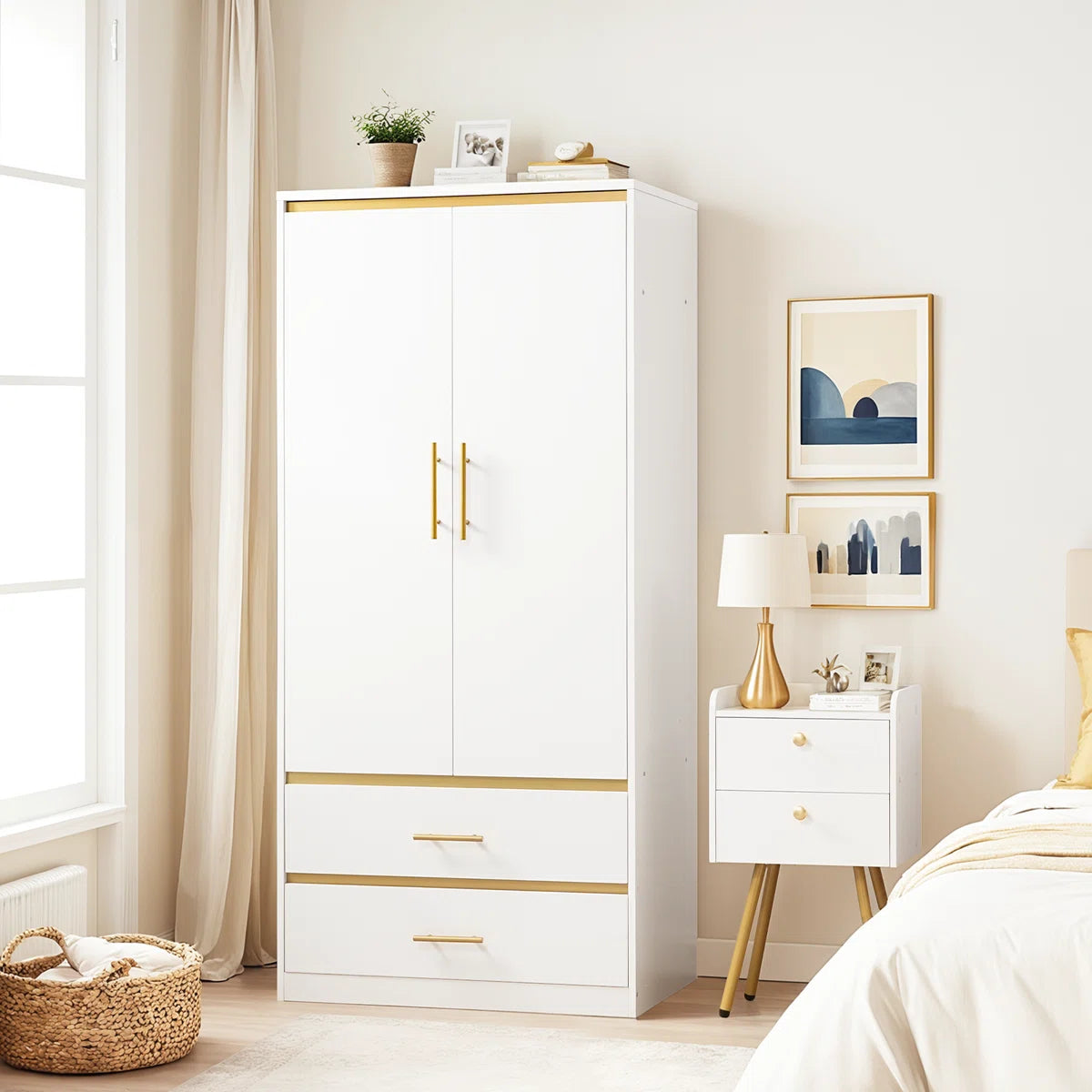2-Door 66.9'' H Armoire Wardrobe Closet with Hanging Rod and 2 Drawers
