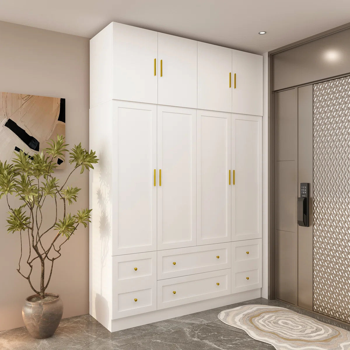Modern White Wardrobe Closet With Top Cabinets And Drawers, Freestanding Armoire With Hanging Rods & Storage Shelves, Gold Handles