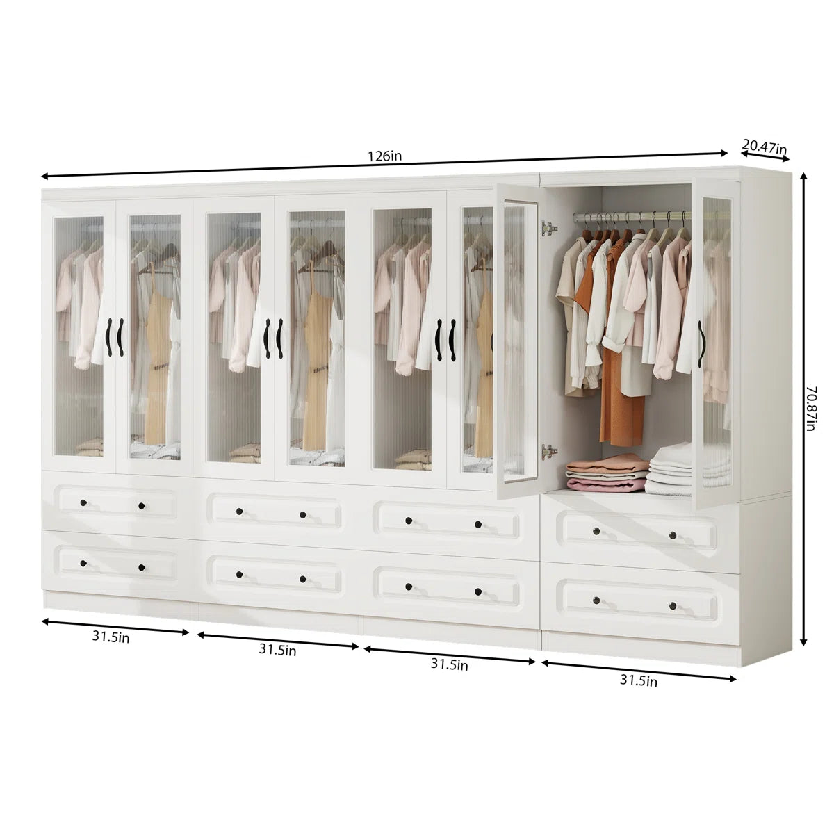 White Armoire Wardrobe Closet With 8 Doors, Black Handles, Deep Drawers, And Glass Doors – Large Wardrobe Closet For Bedroom, Closet Organizers and Storage, Wardrobe Closet With Drawers, White Closet