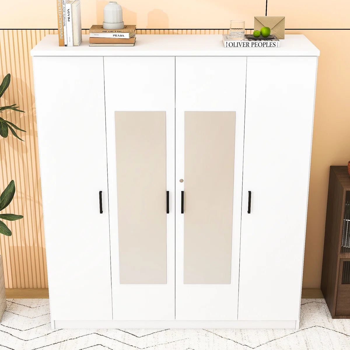Contemporary Wooden Freestanding Wardrobe with Built-in Mirrors and Lockable Drawer