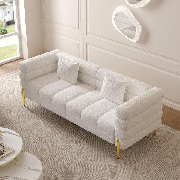 White Boucle Upholstered Fluted 3 Seater Sofa - Ouch Cart 