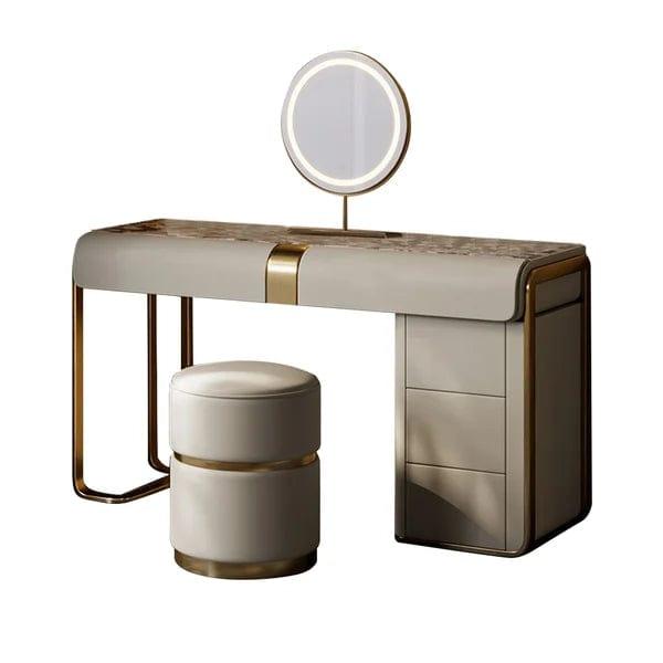 Leonie Modern Gray Makeup Vanity Set with Side Cabinet Dressing Table with Mirror & Stool, Makeup Vanity Desk with Mirror and Bedroom Dressing Table Set with 5 Drawers for Women/Girls - Ouch Cart 