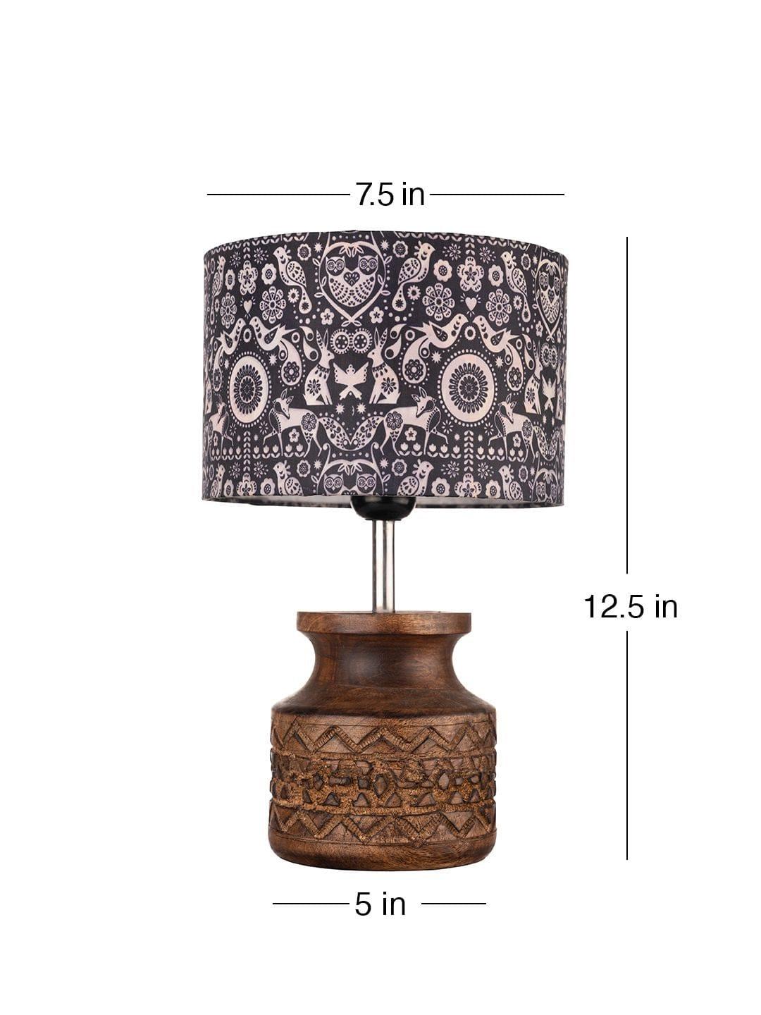 Wooden Carved Lamp with Indian Art Multicolor Shade