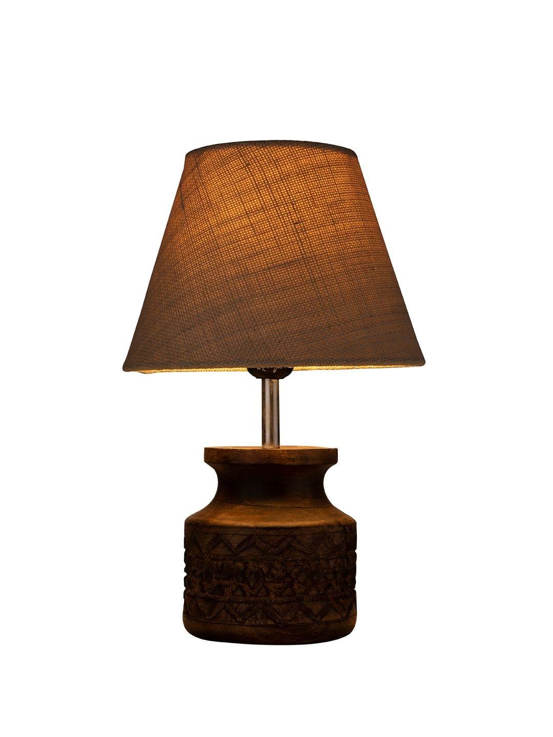 Wooden Carved Lamp with Taper Jute White Shade