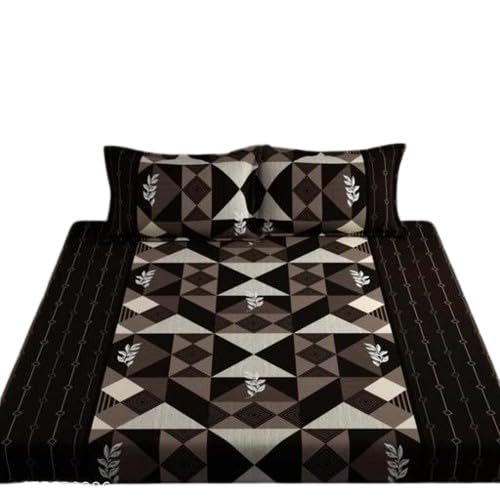 Elastic Fitted Cotton Double Queen Bedsheet with 2 Matching Pillow Covers | 320 Thread Count | Geometric Print | Soft & Comfortable Fitted Bedsheet | Summer Bedding