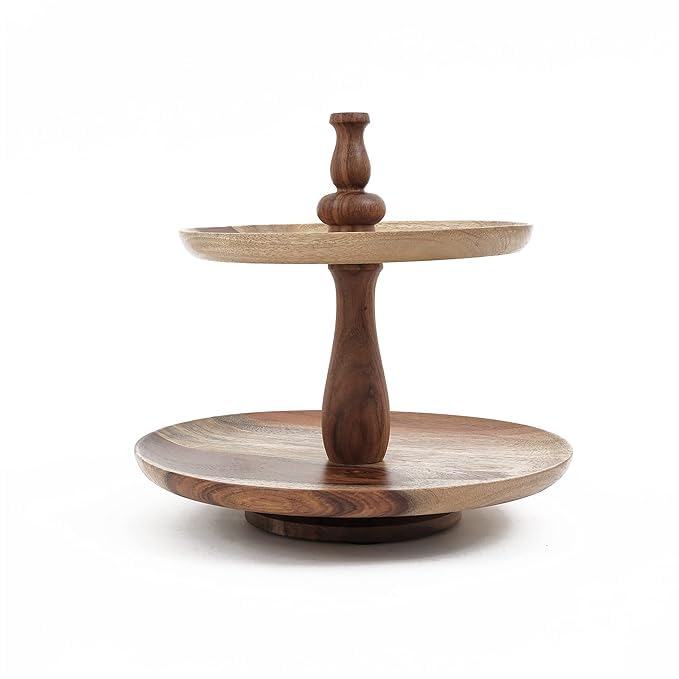 Ouch Cart Solid Mango Wood 2-Tier Cake Stand – Rustic Wooden Dessert & Cupcake Display for Table Decor