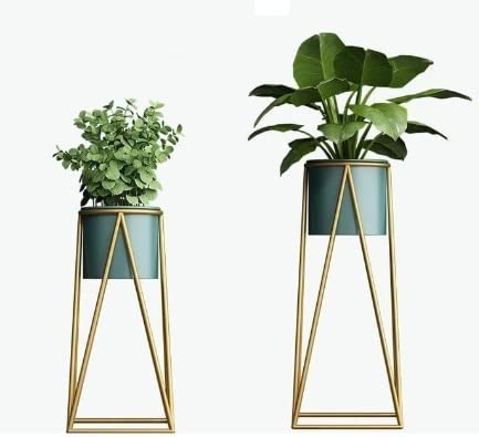 Planters for Indoor - Outdoor Plants & Modern Metal Floor Tall Plant Stand for Garden, Balcony & Living Room & Mid Century Plant Stands with Pots Set of 2