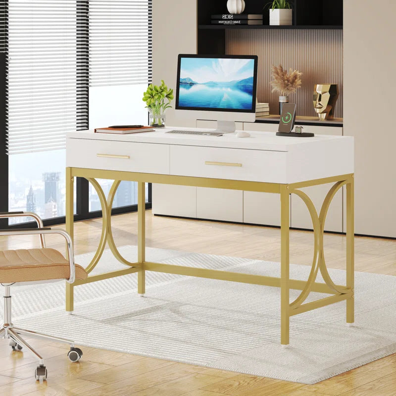 Computer Desk With Two Drawers, White and Gold Modern Study Writing Desk