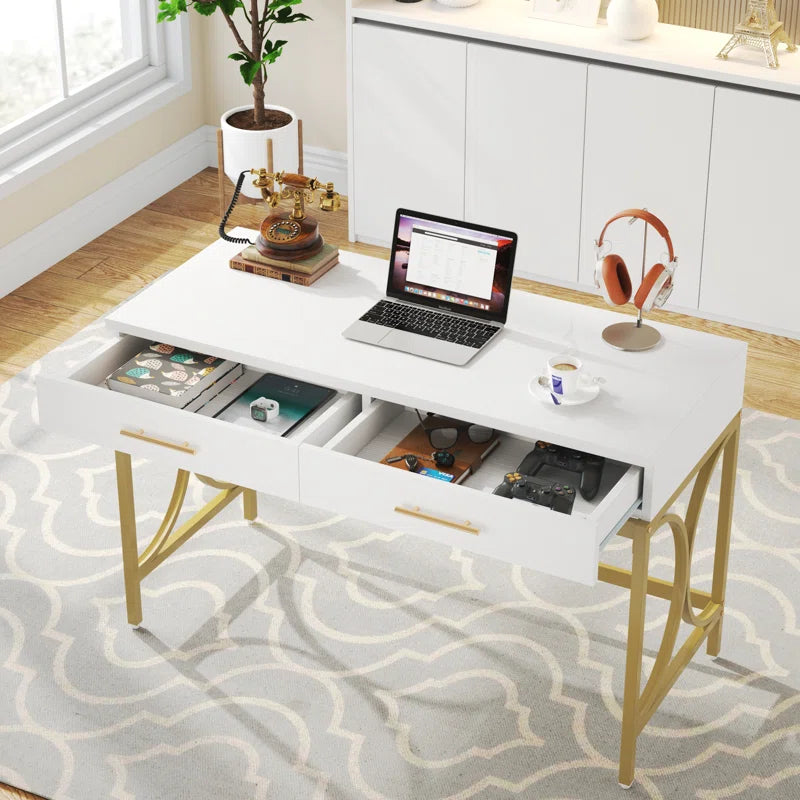 Computer Desk With Two Drawers, White and Gold Modern Study Writing Desk
