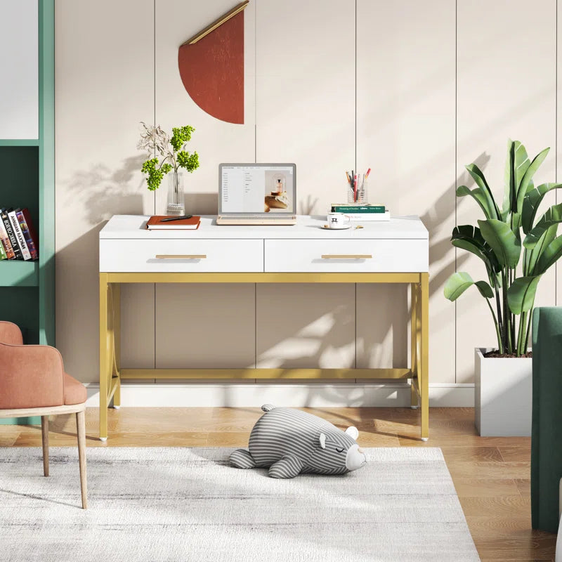 Computer Desk With Two Drawers, White and Gold Modern Study Writing Desk