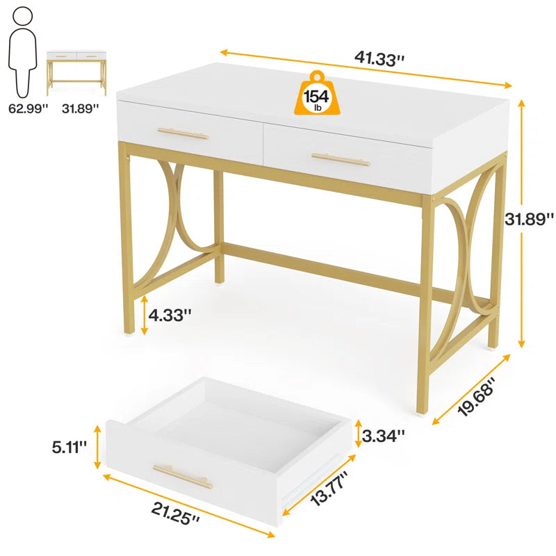 Computer Desk With Two Drawers, White and Gold Modern Study Writing Desk