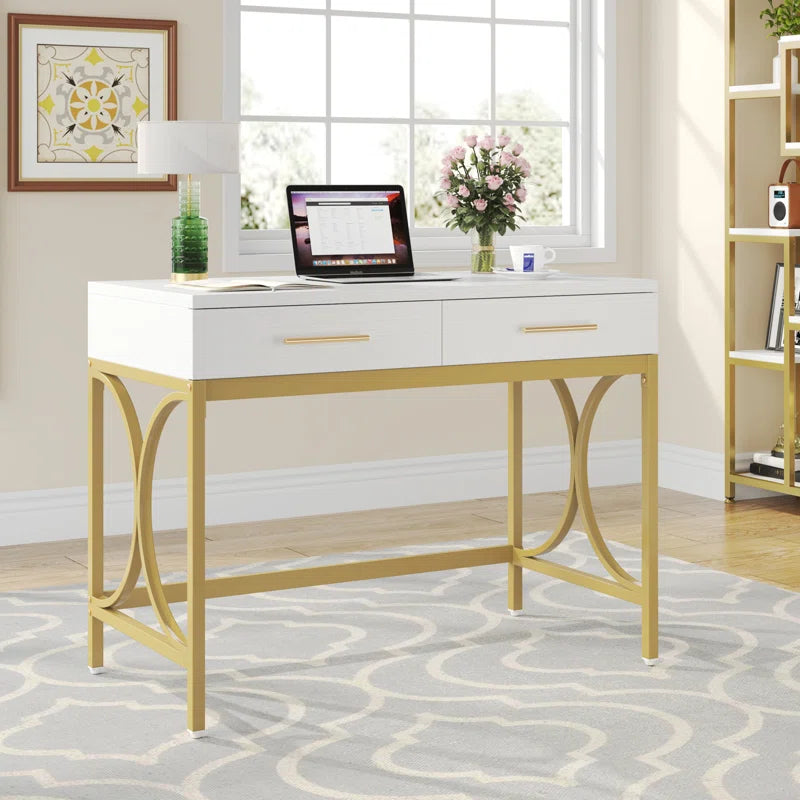 Computer Desk With Two Drawers, White and Gold Modern Study Writing Desk