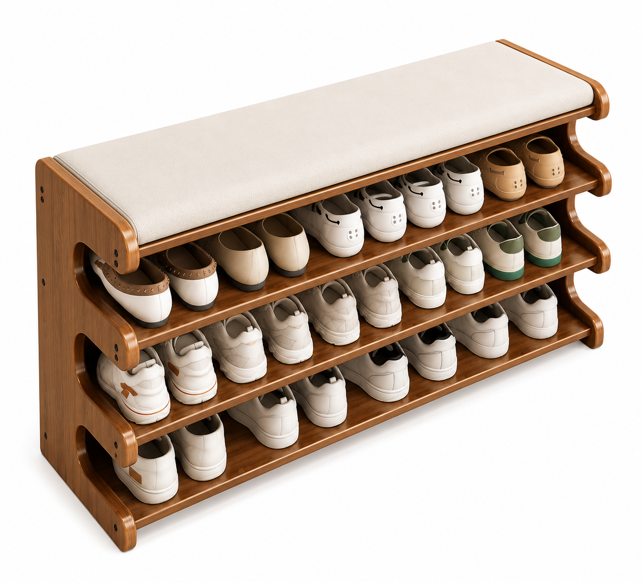 Wooden Shoe Rack Bench with Cushioned Seat | 4-Tier Open Shoe Storage Organizer | Entryway Shoe Shelf for Hallway, Bedroom & Living Room